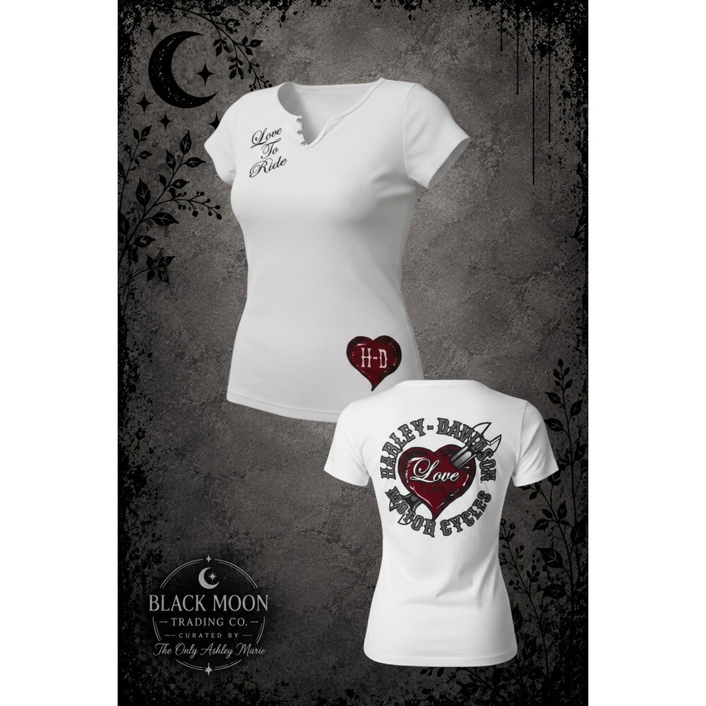 Harley-Davidson Women's Large White Love to Ride Heart Graphic Rhinestone Tee